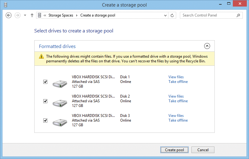 The disk for a storage pool can be formatted or unformatted, but the data on it will be deleted. The disk for a storage pool can be formatted or unformatted, but the data on it will be deleted.