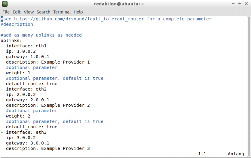 The configuration file for FT Router can be generated via the generate_config option. It comes with several sample interfaces that point to potential providers. The configuration file for FT Router can be generated via the generate_config option. It comes with several sample interfaces that point to potential providers.