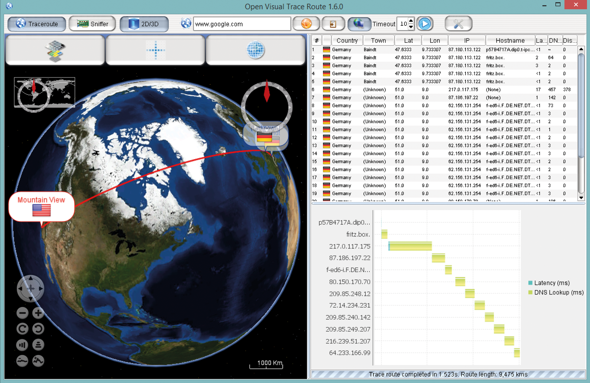 Open Visual Traceroute tracks the path of a network packet. Open Visual Traceroute tracks the path of a network packet.