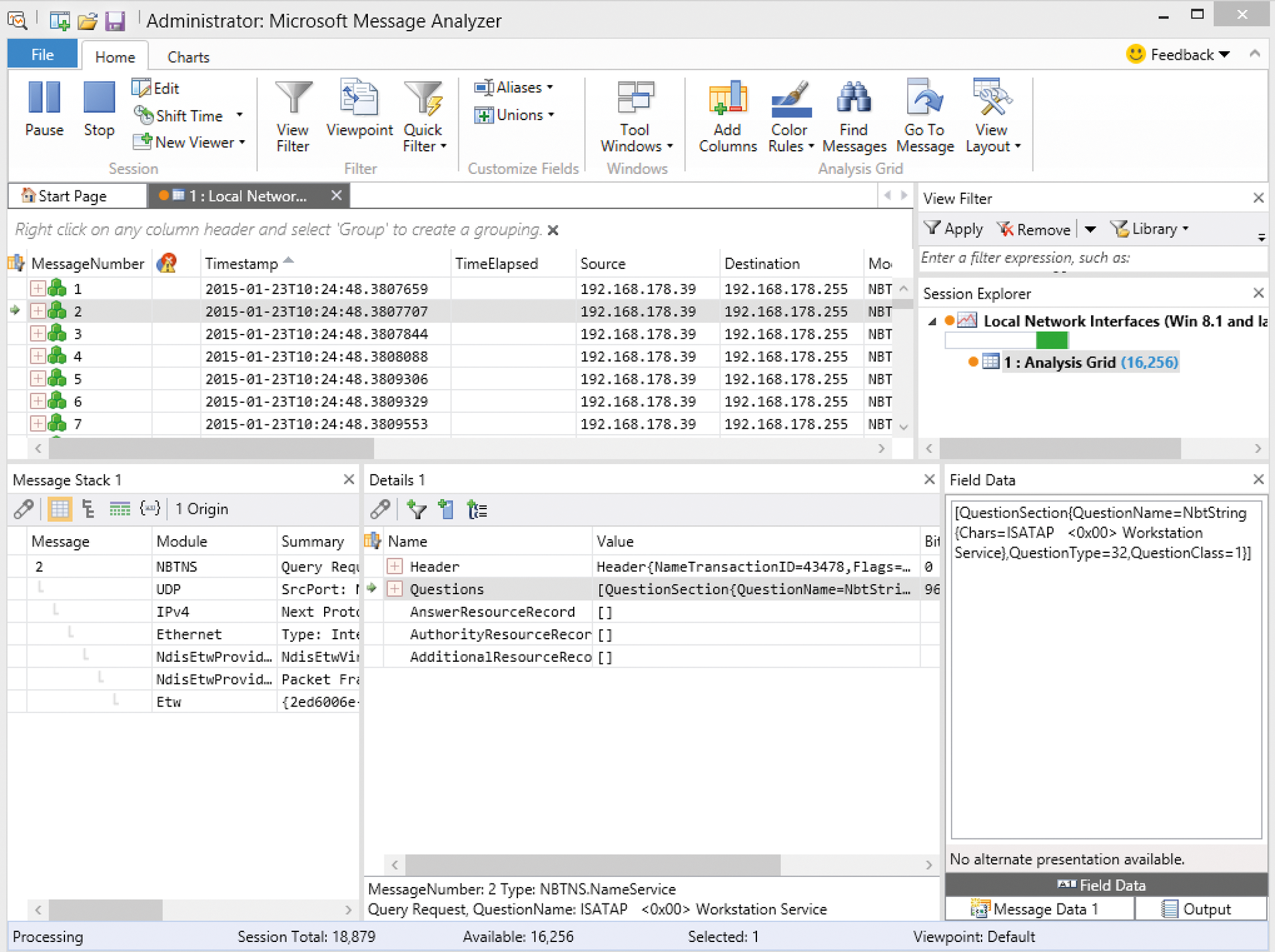 Use Microsoft Message Analyzer for more complex network analysis problems. Use Microsoft Message Analyzer for more complex network analysis problems.