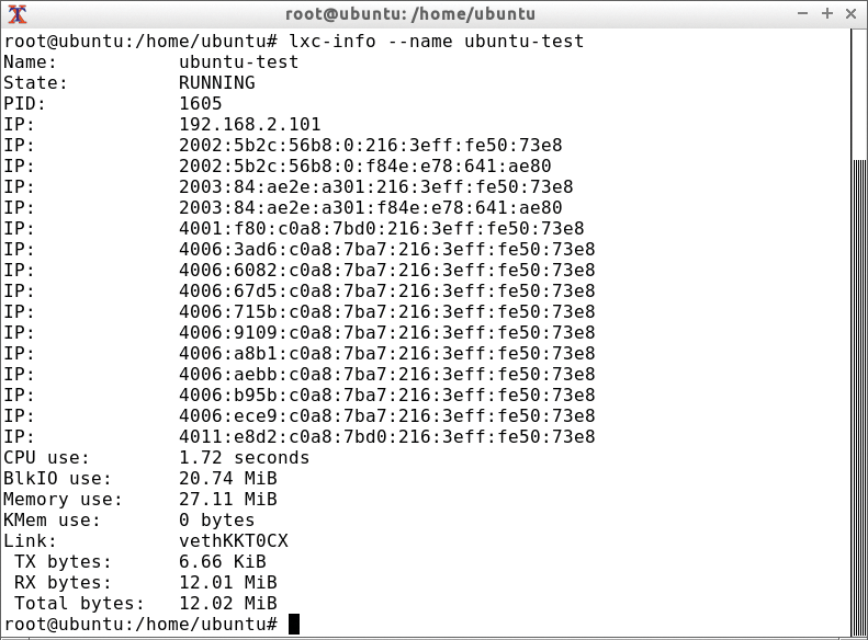 The lxc-info command provides an overview of the resources used by the container. The lxc-info command provides an overview of the resources used by the container.