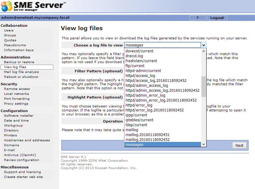 In the Koozali SME Server web interface, you can access various system logfiles. In the Koozali SME Server web interface, you can access various system logfiles.