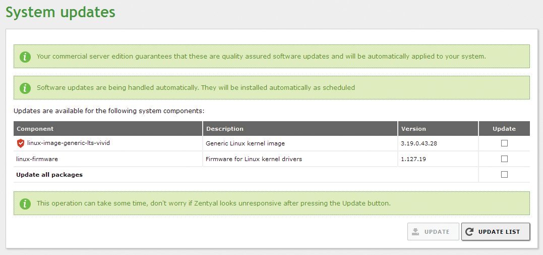 If do not want to wait for the automatic updates on Zentyal Server, you can simply trigger updates manually. If do not want to wait for the automatic updates on Zentyal Server, you can simply trigger updates manually.