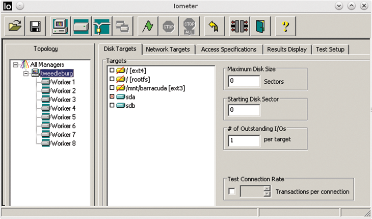 Iometer enables measuring of different devices with multiple threads (workers). Iometer enables measuring of different devices with multiple threads (workers).