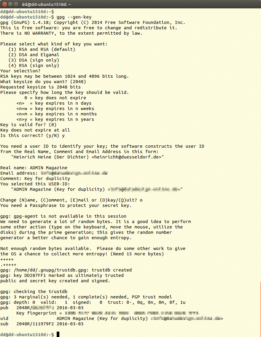 The call to gpg --gen-key creates a new GPG key. The call to gpg --gen-key creates a new GPG key.