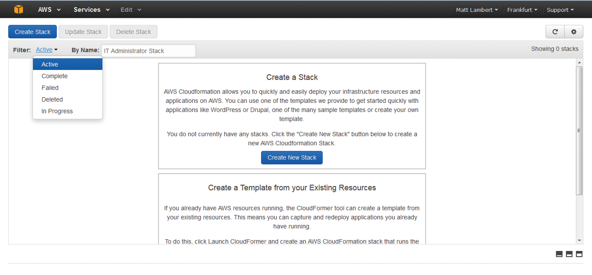 Creating a stack in the AWS CloudFormation console. Creating a stack in the AWS CloudFormation console.