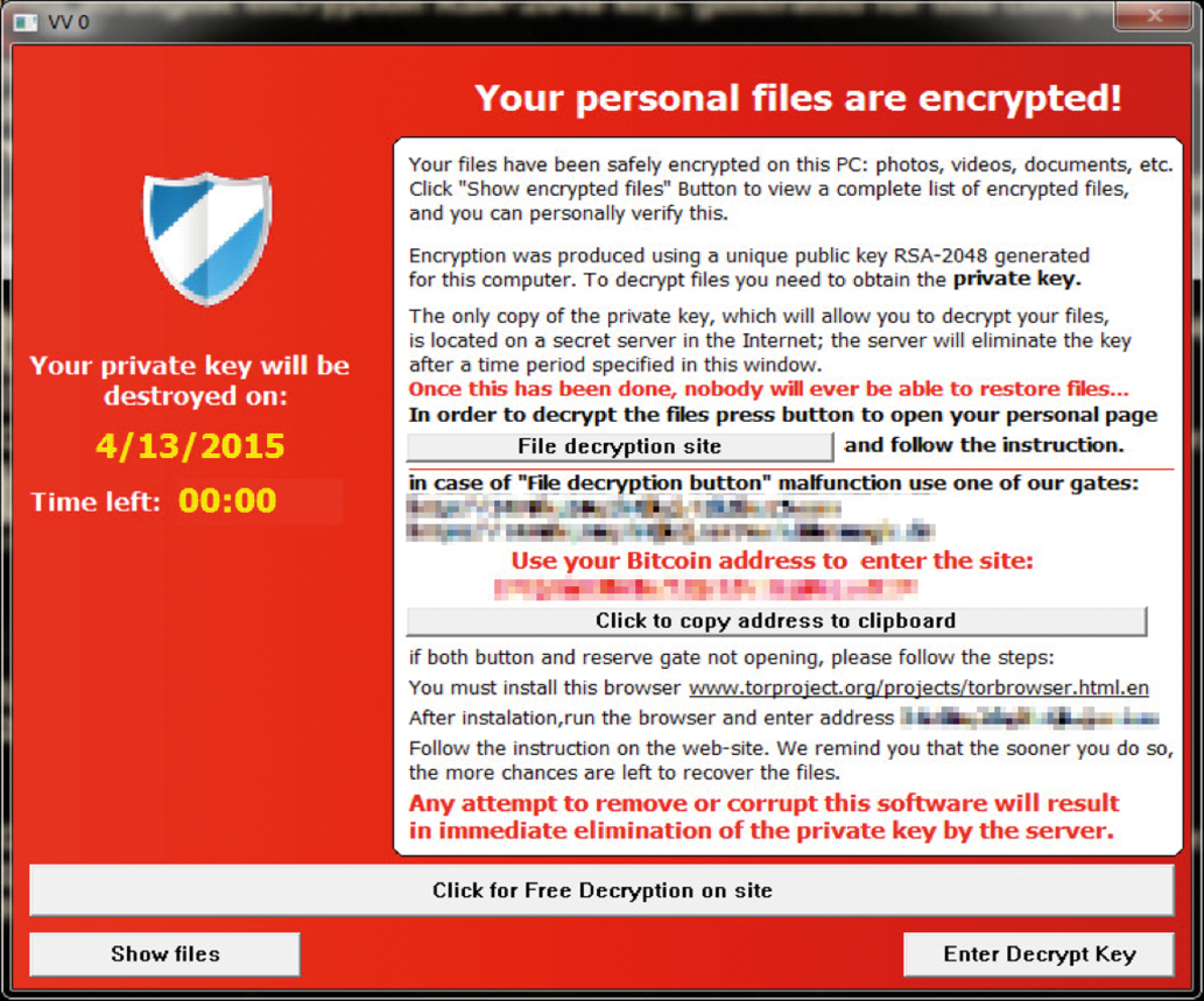 If you see this window, TeslaCrypt has encrypted your files and is asking for a ransom in Bitcoins. If you see this window, TeslaCrypt has encrypted your files and is asking for a ransom in Bitcoins.