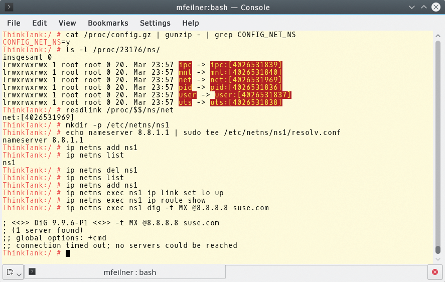 The CONFIG_NET_NS kernel parameter must be switched on so that the /proc system can transport information via namespaces. The CONFIG_NET_NS kernel parameter must be switched on so that the /proc system can transport information via namespaces.