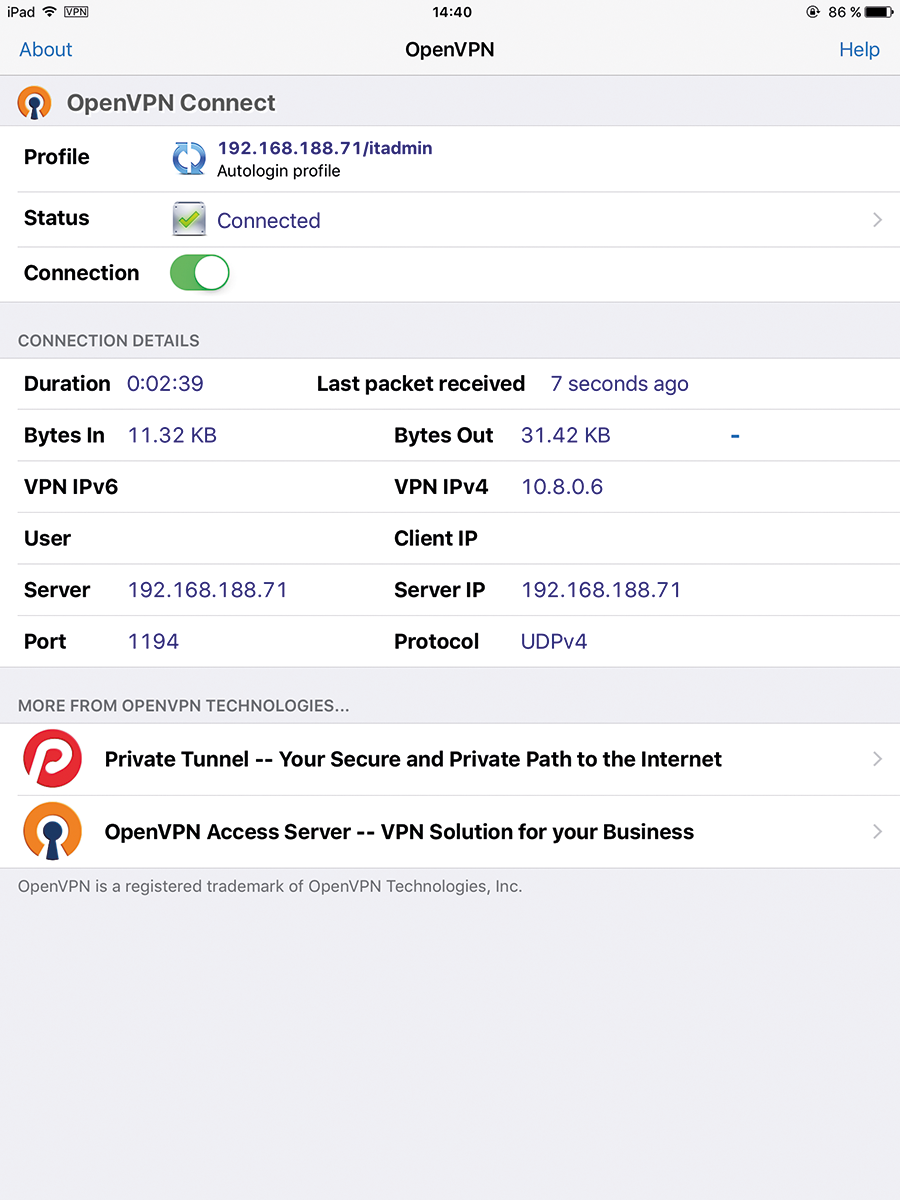 The OpenVPN Connect app establishes a connection to the OpenVPN server. The OpenVPN Connect app establishes a connection to the OpenVPN server.