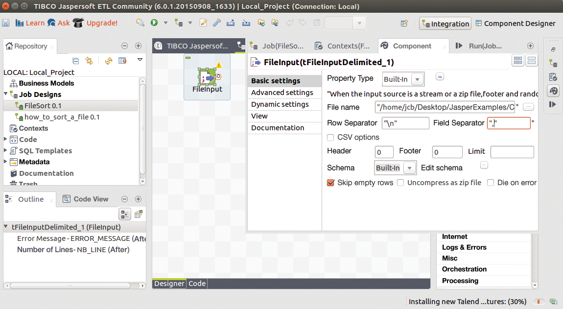 The first component reads the input file and then sends the data chunks on their way. The first component reads the input file and then sends the data chunks on their way.
